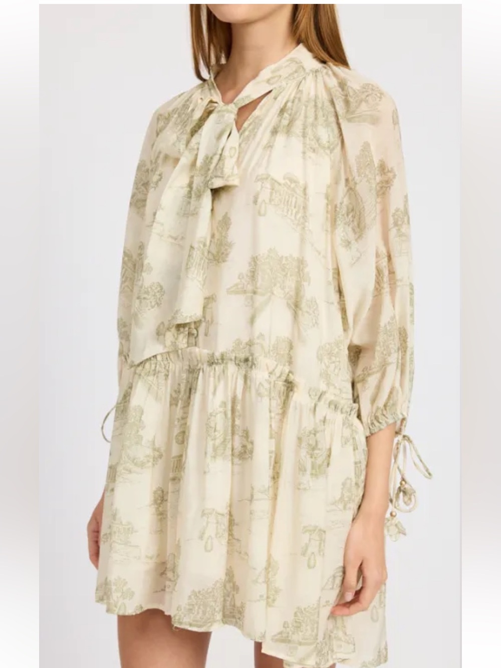 En Saison Mini Dress Leighton Cream Olive Toile Womens Large 3/4 Sleeves Pretty